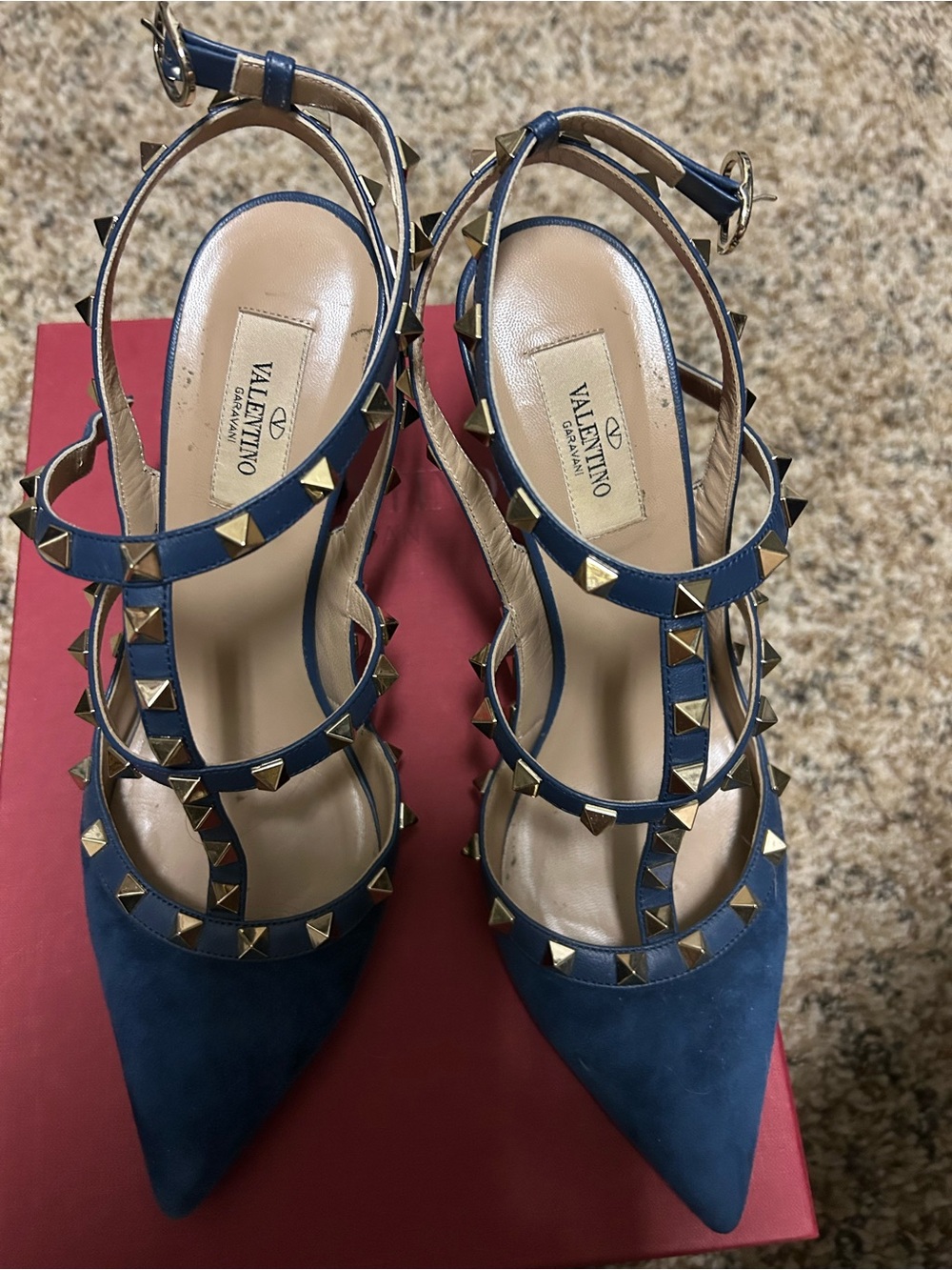 Valentino Blue Suede Rockstud Pointed-Toe Strappy Heels